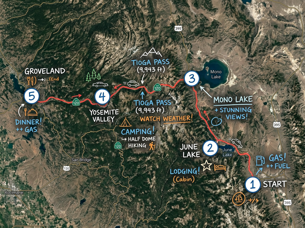 A road trip map with numbered stops, driving route and notes for lodging and fuel stops