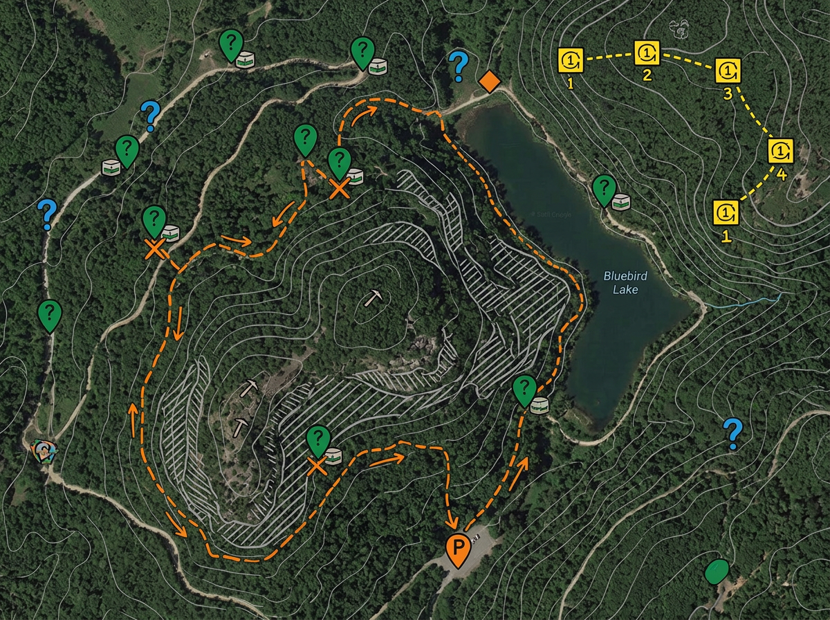 A geocaching map with hidden cache markers, search routes and terrain overlay