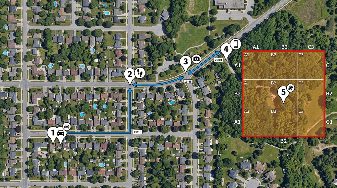 A top-down photorealistic satellite/aerial basemap of a neighbourhood with roads, buildings, trees and terrain clearly visible as the entire background, with an investigator's case overlay drawn directly on top: numbered evidence markers, a timeline of movement between two locations and a grid search area in a wooded zone. The satellite imagery must be the base layer, filling the entire frame edge to edge