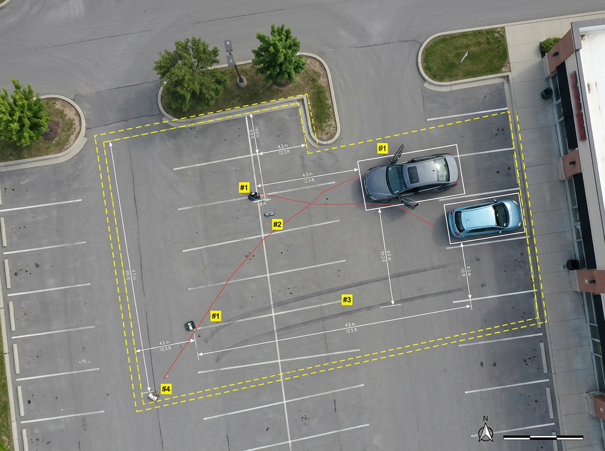 A satellite view of a parking lot crime scene with numbered evidence markers, vehicle positions, a measured perimeter and distance lines between key items