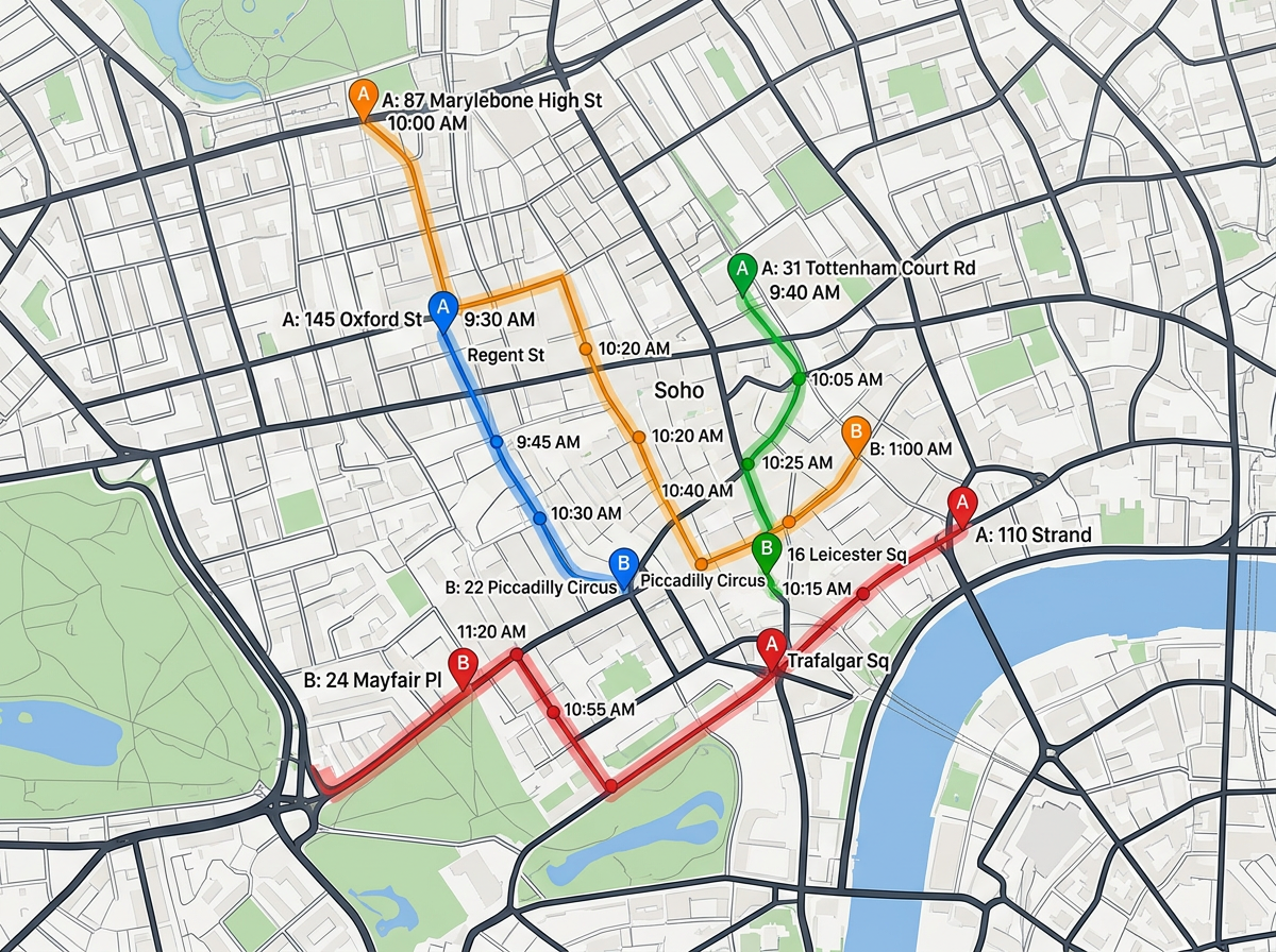 A city map with color-coded movement traces for multiple people, time-stamped waypoints and connected route lines between several addresses