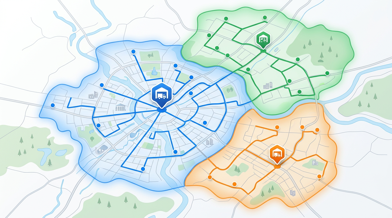 A logistics map with depot markers, route lines connecting delivery stops and color-coded service zones across a region