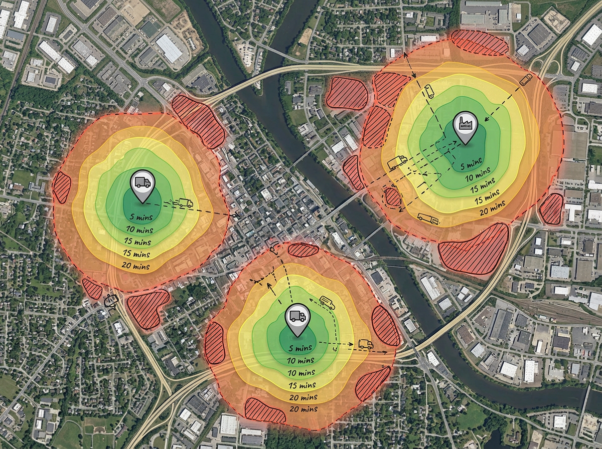 A service area map with travel-time isochrones around each depot and coverage gaps highlighted