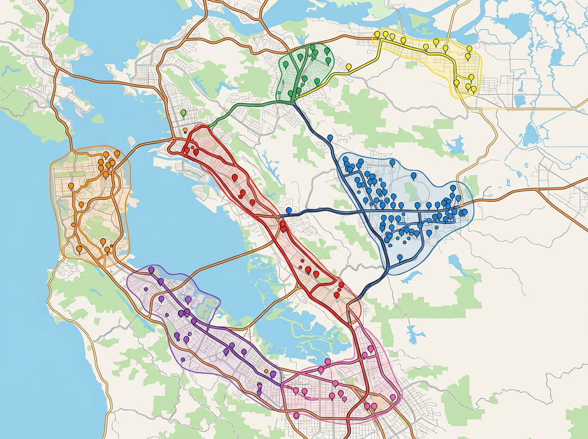 A customer map with address markers grouped into route clusters and color-coded by priority