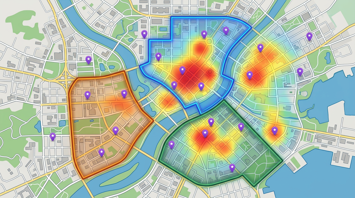 A marketing map showing customer density as a heatmap, campaign zones outlined in color and event venue markers across a city