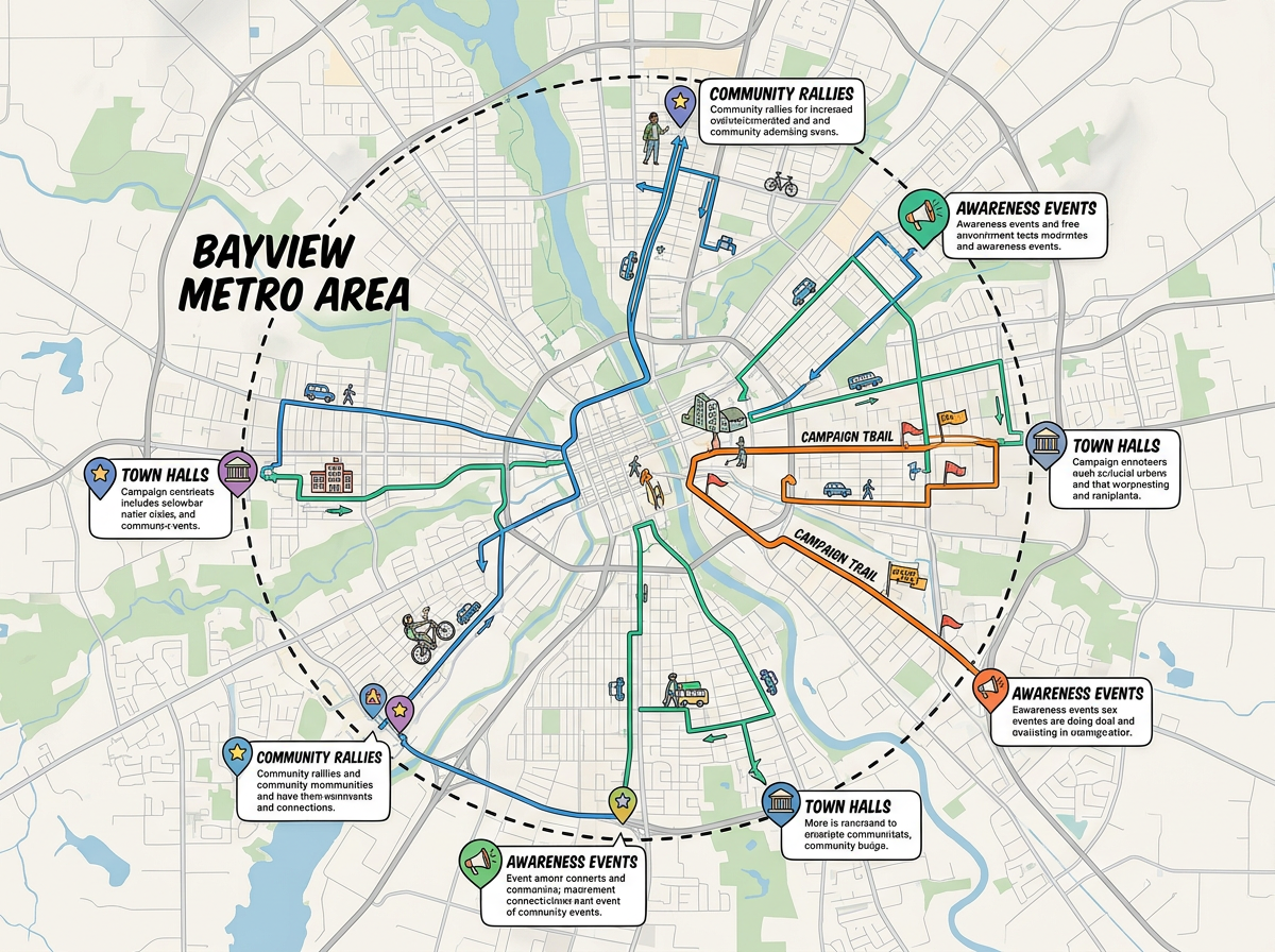 A local campaign map with event venue markers, route lines and a labeled metro area