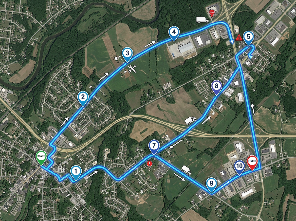 A field route map with sequenced stops and drive lines connecting service sites across a region