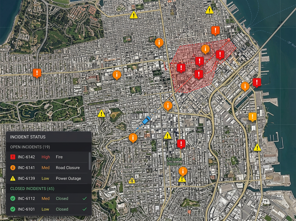 An incident tracking map with severity-coded markers and a status panel listing open and closed events