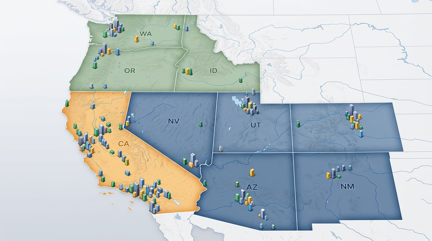 A property portfolio map with building markers grouped by region and color-coded by status across multiple states