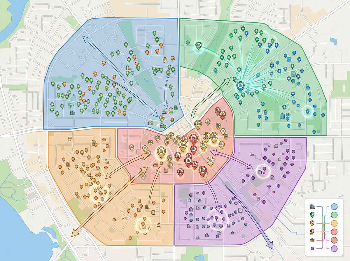 A briefing map showing properties grouped by region with a clean overview layout