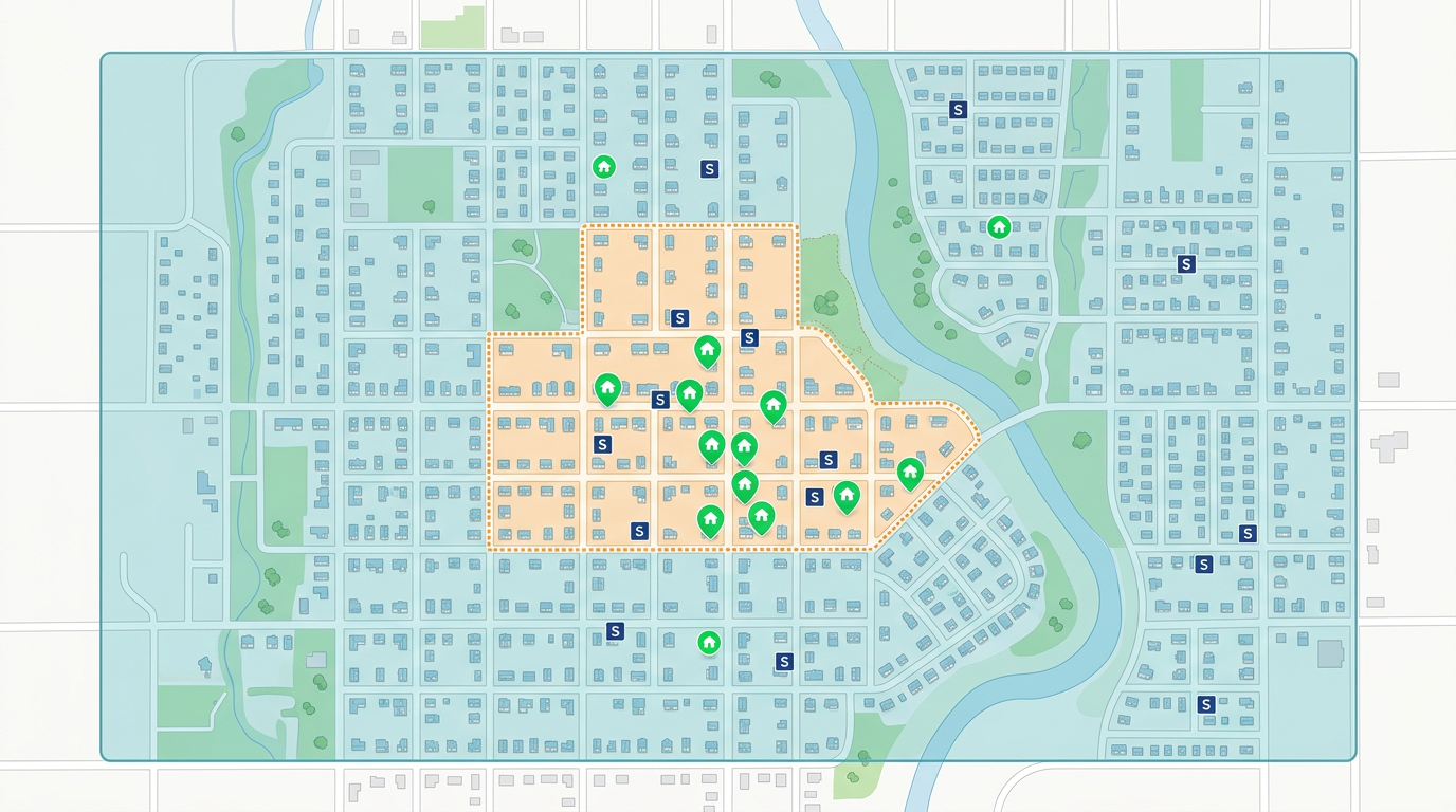 A realtor map showing active listings, sold comps, a farm area boundary and a neighborhood overlay across a residential area