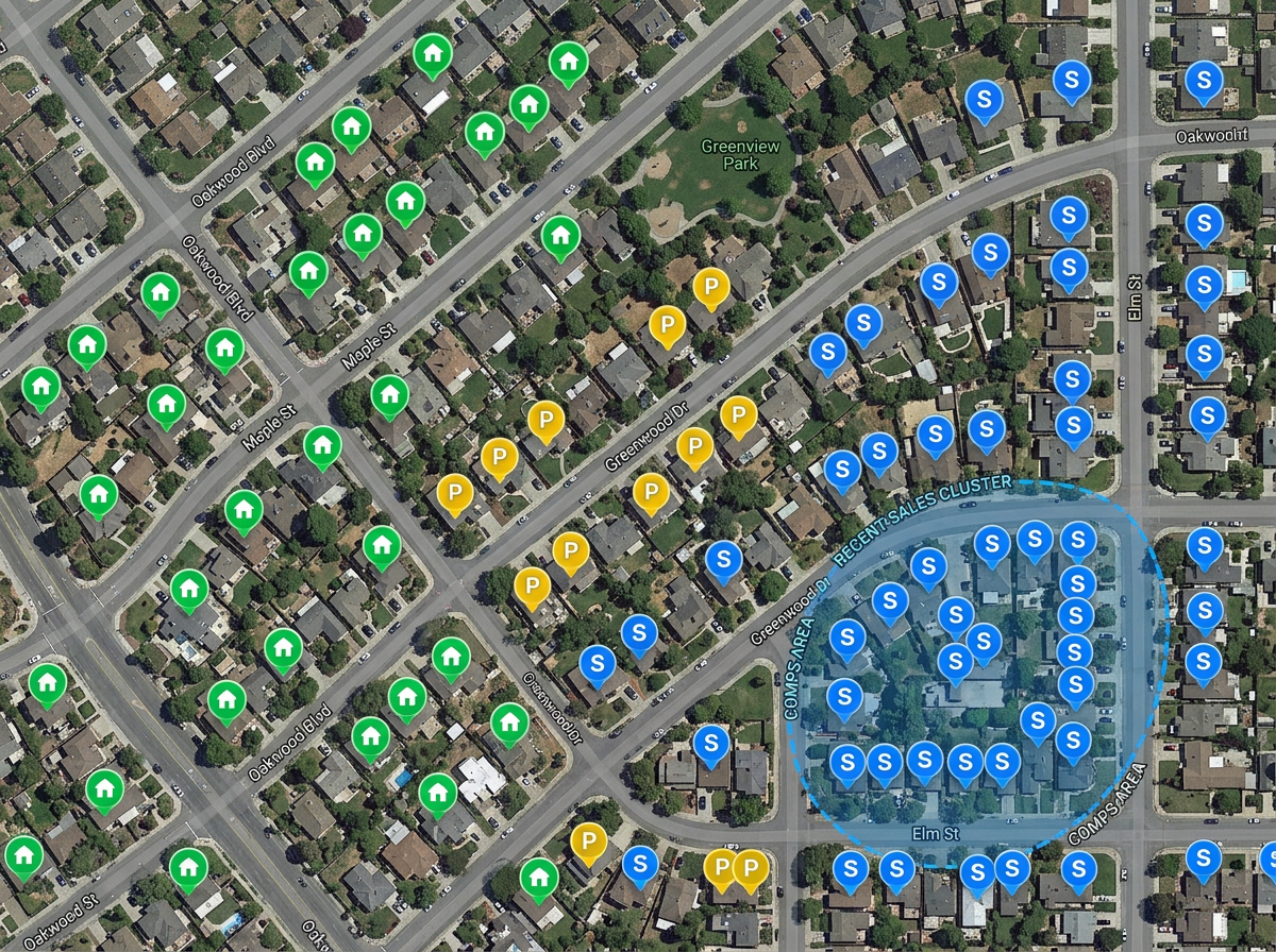 A listings map with active, pending and sold markers in different colors and a sold-comps cluster