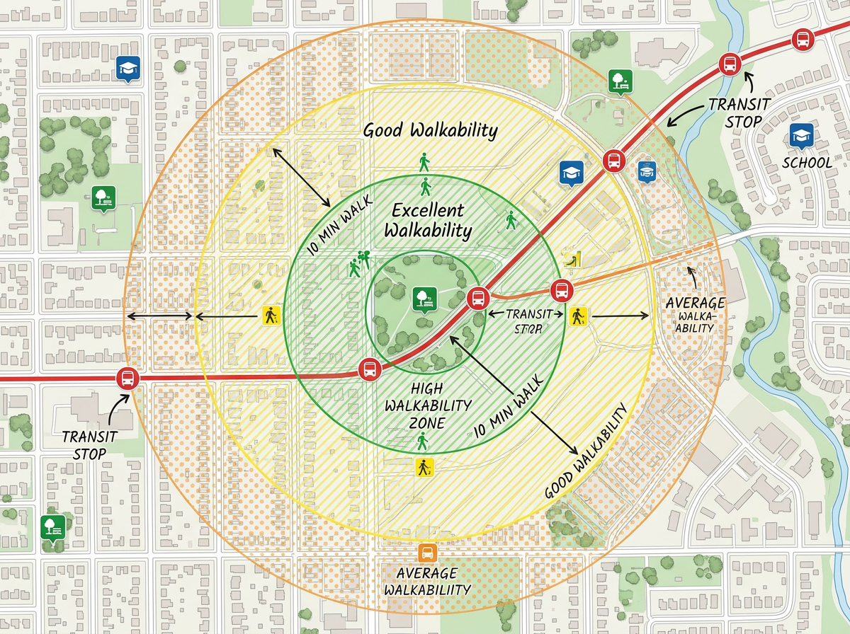 A neighborhood guide map with school, park and transit markers and shaded zones for walkability