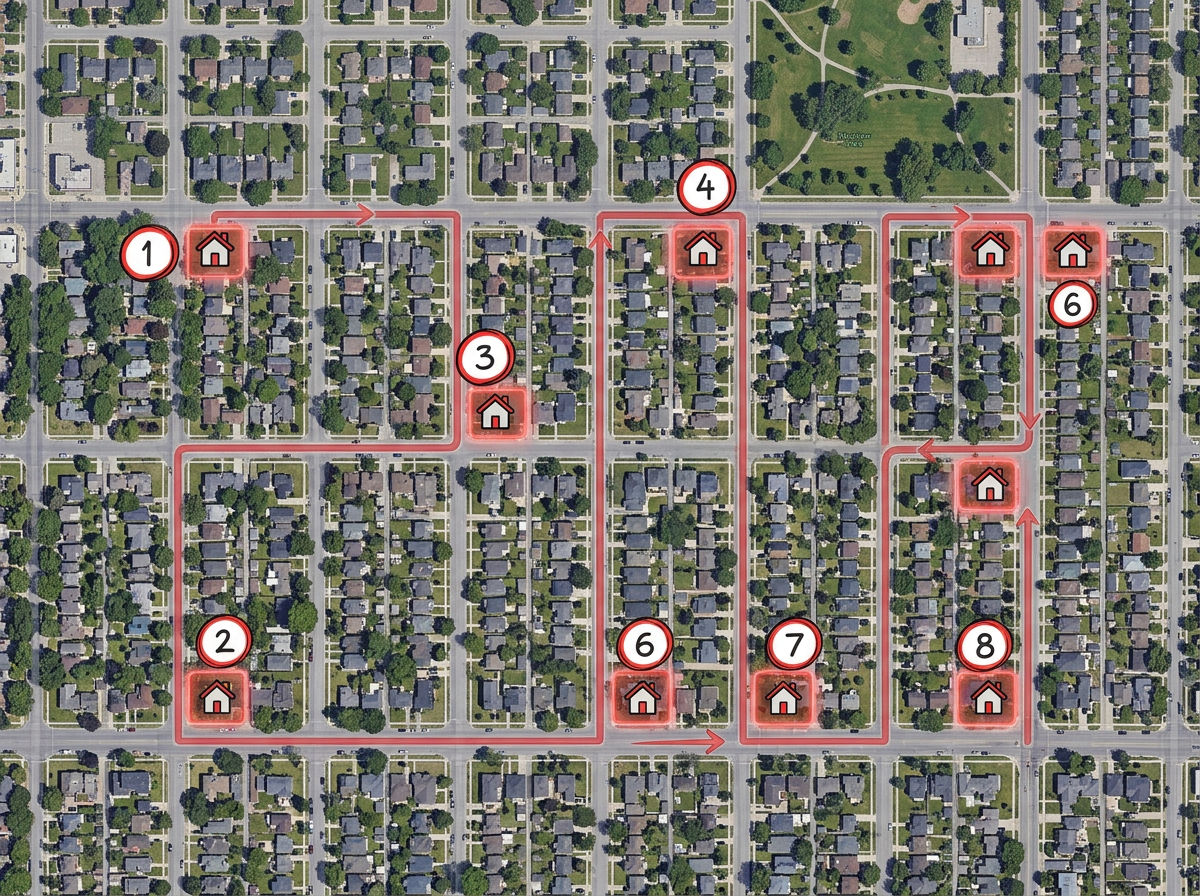 An open house route map with sequenced stops and drive lines between properties on a metro map
