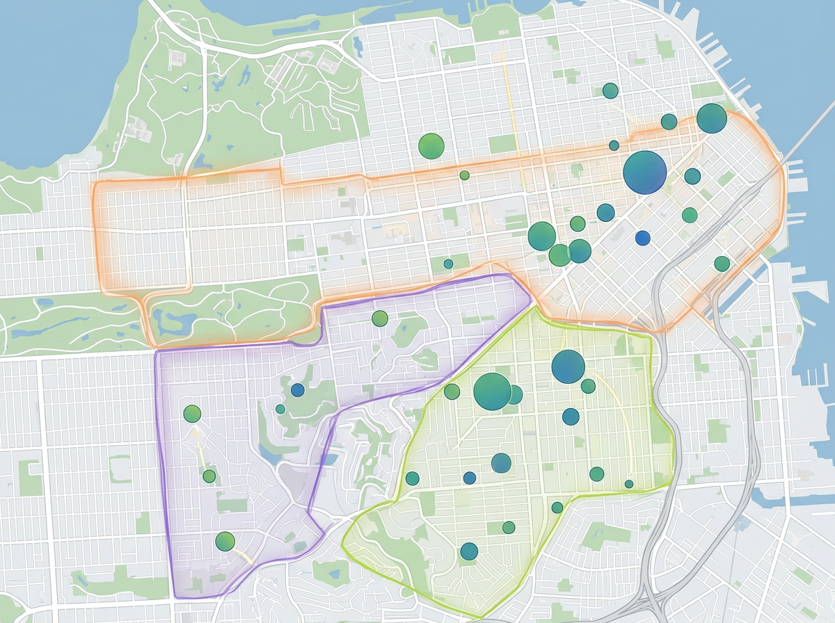 A pipeline review map with deal markers sized by ARR and quarter-over-quarter coverage zones highlighted