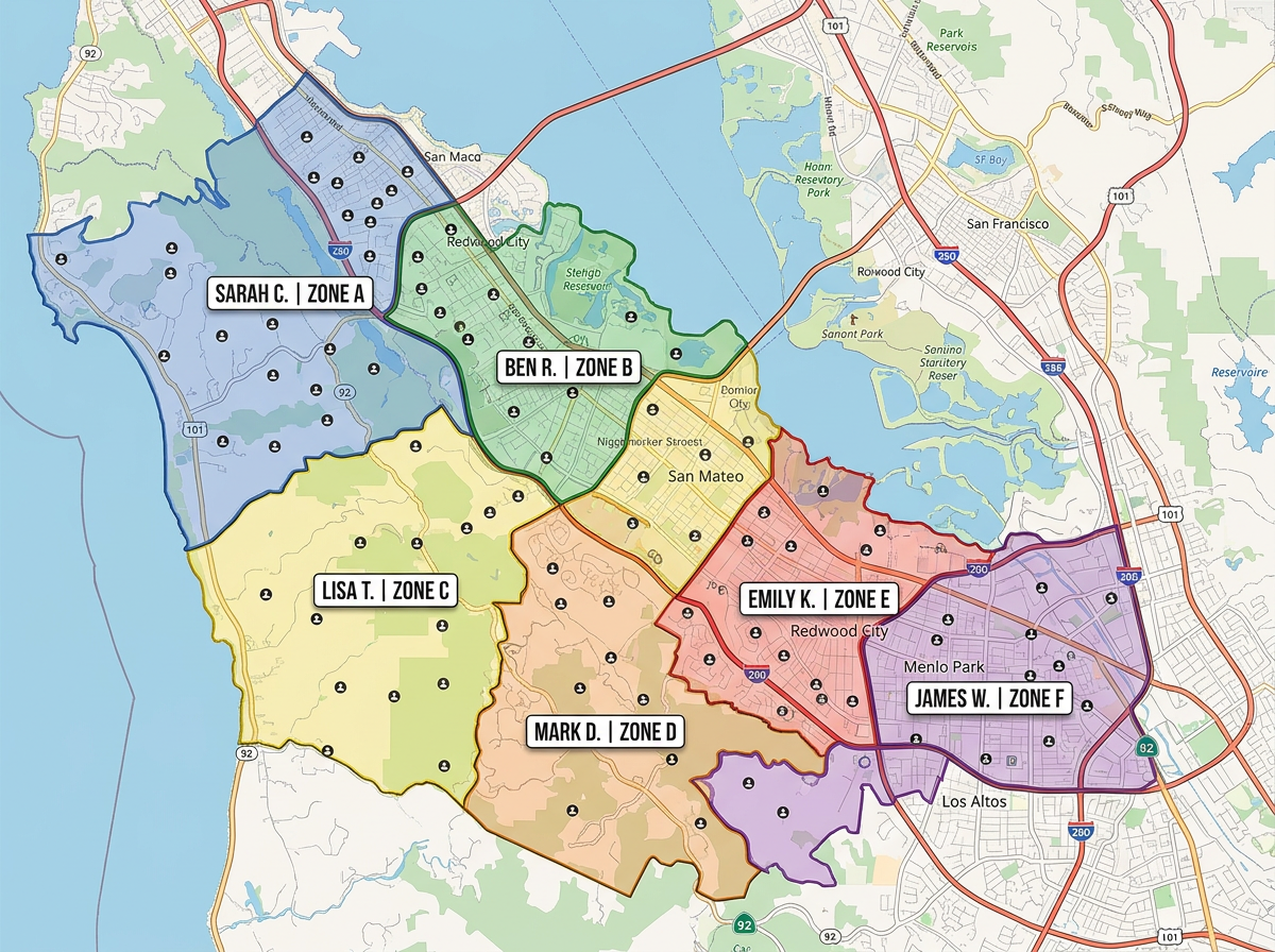 A region split automatically into six balanced colored territory polygons with account markers evenly distributed and rep name labels on each zone