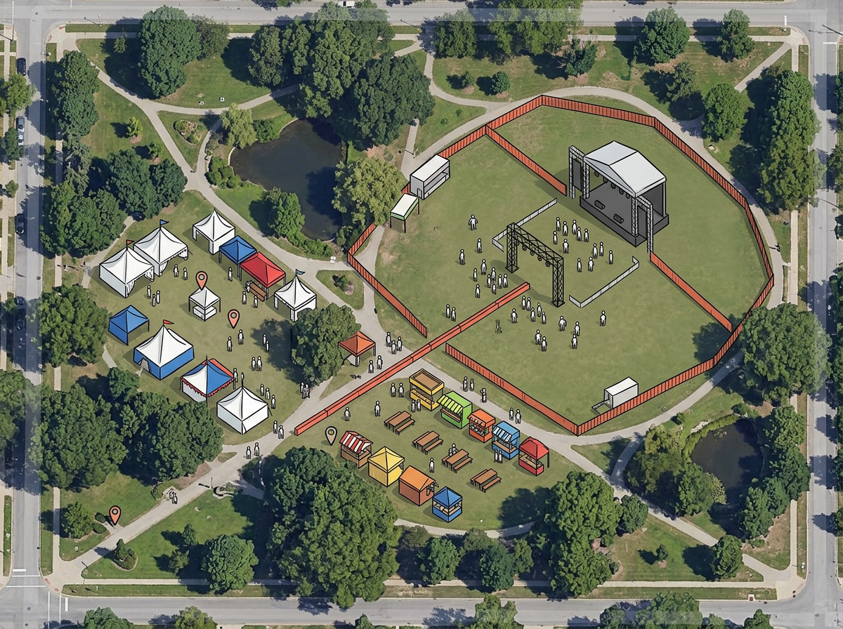 A 3D event layout showing festival tents, a stage, food booths, and crowd barriers arranged in a park on a satellite map