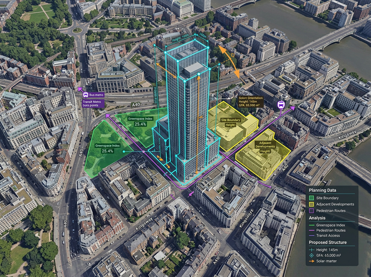 A 3D urban planning view with a proposed high-rise building placed among existing city blocks on a street map