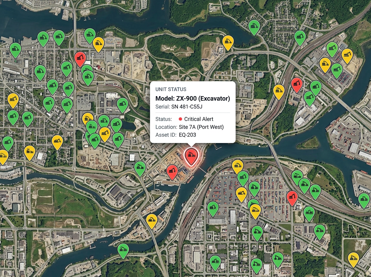 A map of equipment pins across a region with status colors and a popup showing the model and serial of one unit.