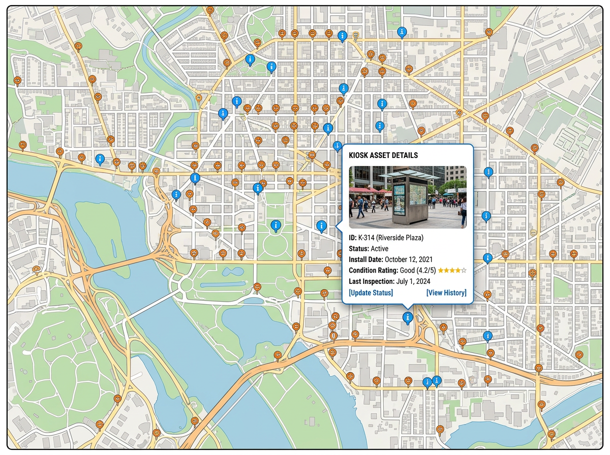 A street map with sign and kiosk icons across a city and a popup showing an install date and condition rating.
