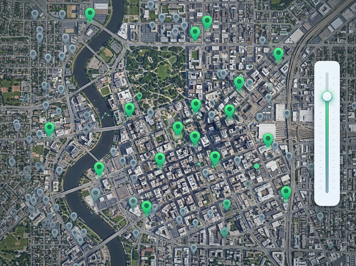 A map with high value account pins shown in green and low value pins faded out, with a value slider on the side.