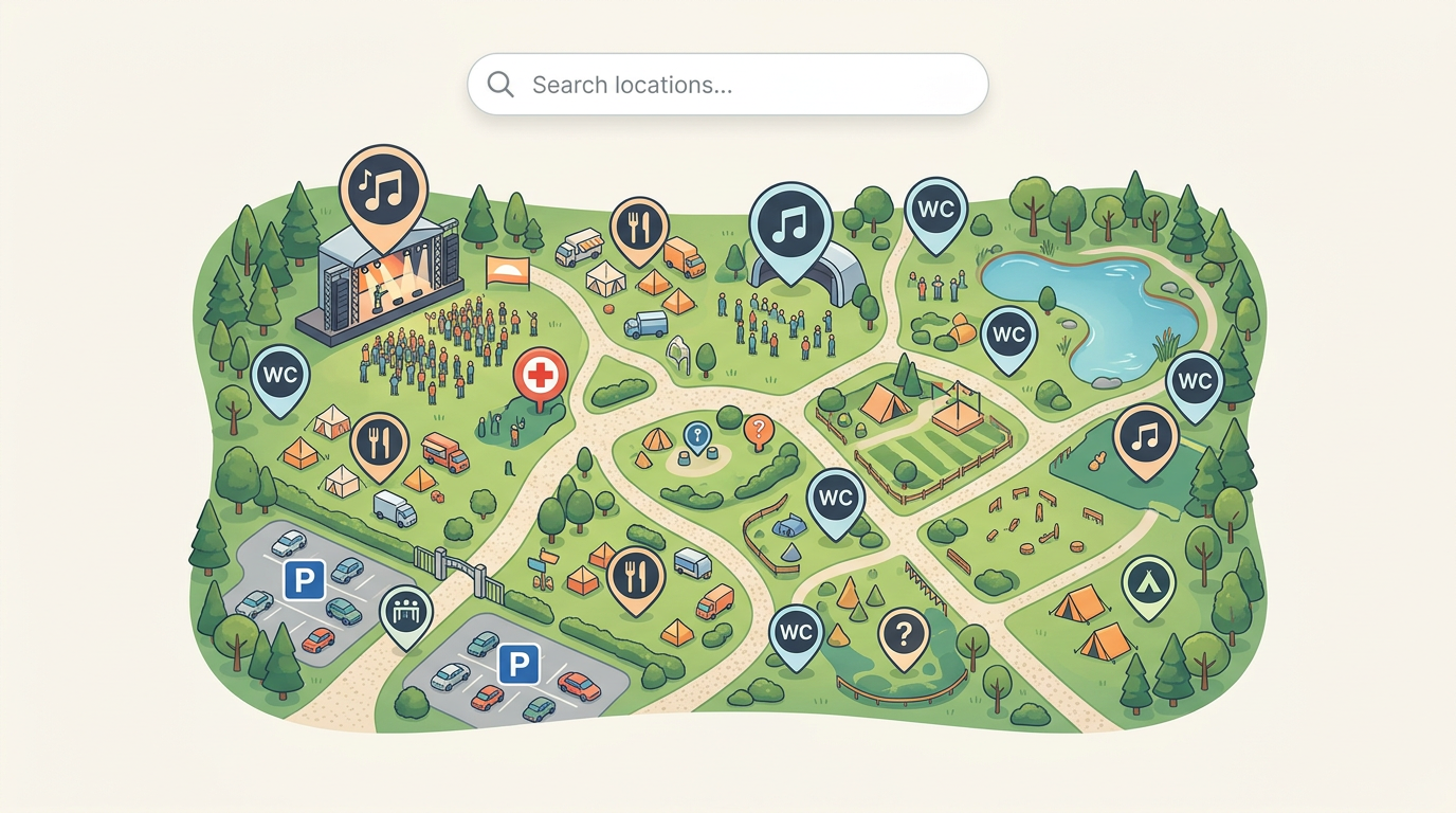 An event map of a festival site with pins for stages, food, parking, and restrooms, plus a search bar at the top.