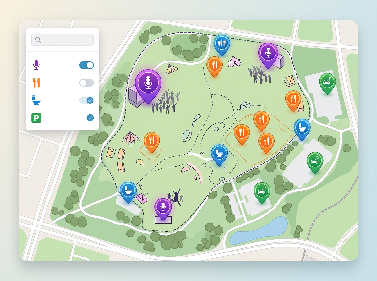 A festival map with stage, food, restroom, and parking pins across an outdoor field with a searchable side panel.
