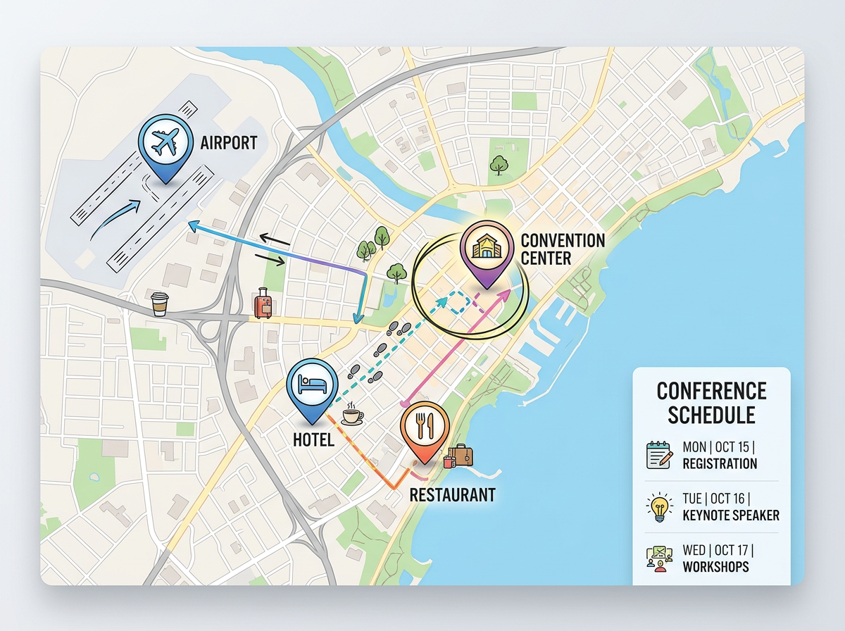 A conference map with the convention center, hotel, restaurant, and airport pins plus a sidebar listing the schedule.