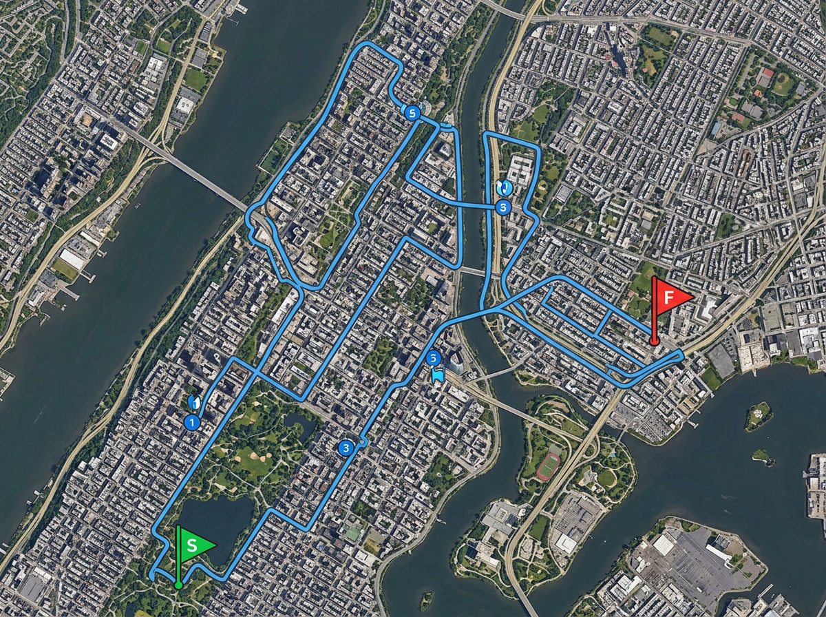 A race course map with a colored course line, aid station pins, and start and finish flags on a city street base map.