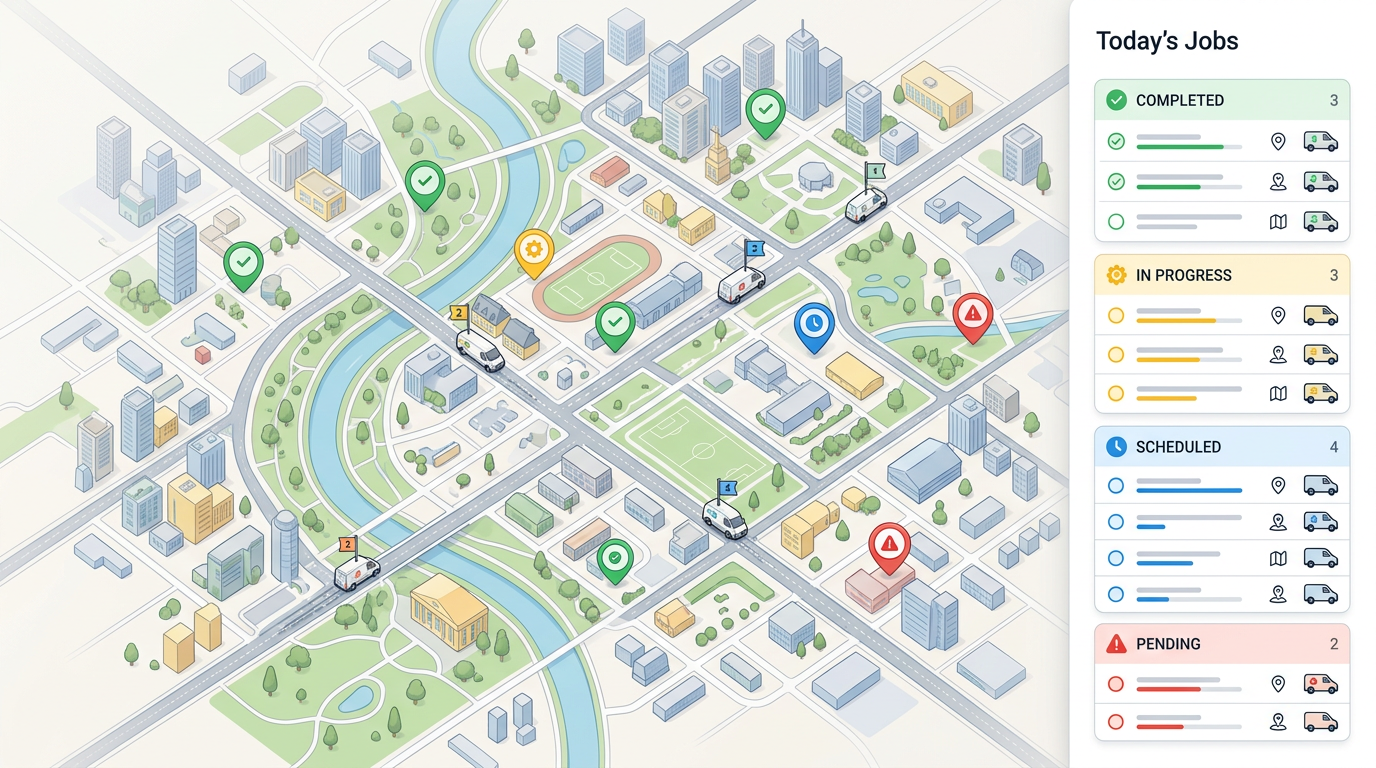 A field operations map with job pins, crew vehicle icons, and a side panel listing today's jobs by status.