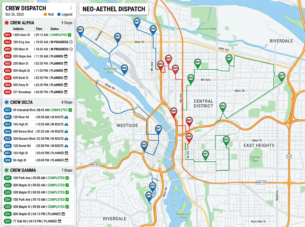 A dispatch map of a metro area with job pins colored by crew and a sidebar listing each crew's stops for the day.