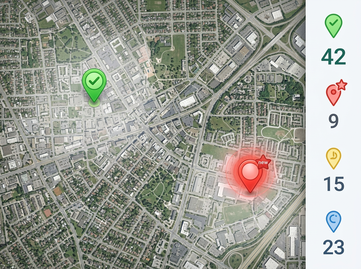 A field map with one job marked complete in green and a fresh job pin added in red, plus a side panel with status counts.