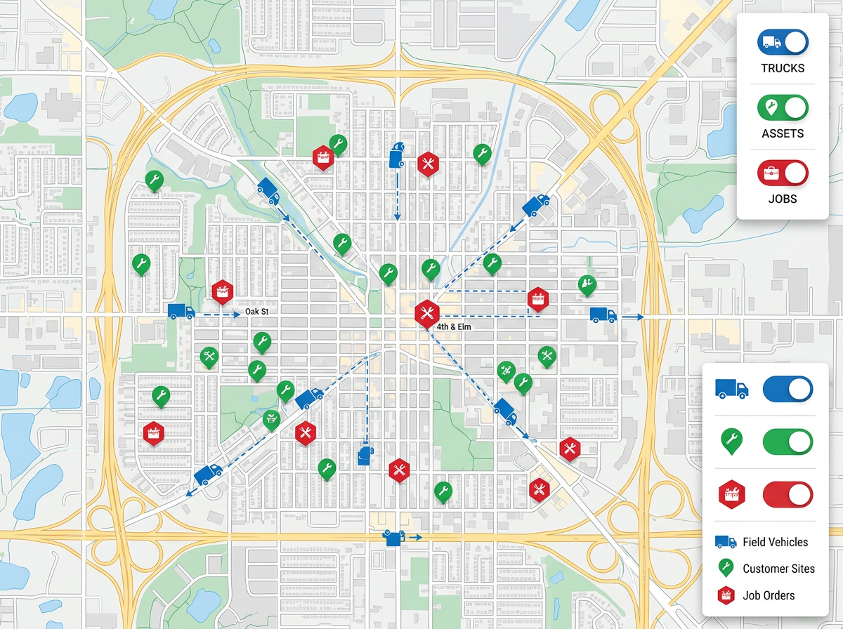 A field map with truck icons, asset pins, and job pins layered together with toggle controls on the side.
