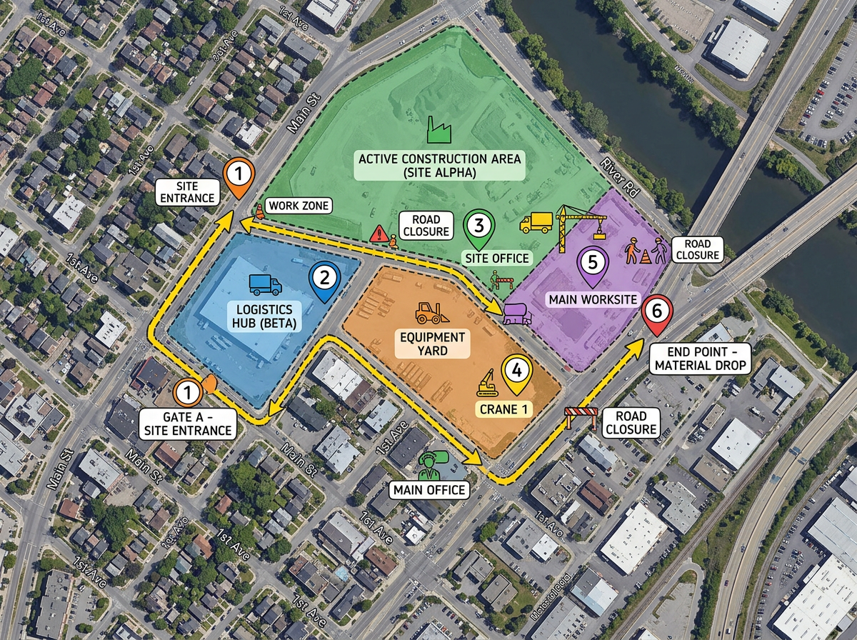 An interactive job site map with colored zones, numbered pins, and a route line connecting two locations.
