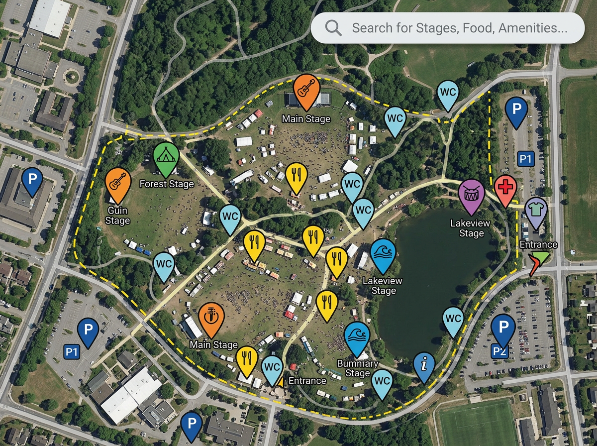 An interactive festival map with pins for stages, food, parking, and restrooms, plus a search bar at the top.