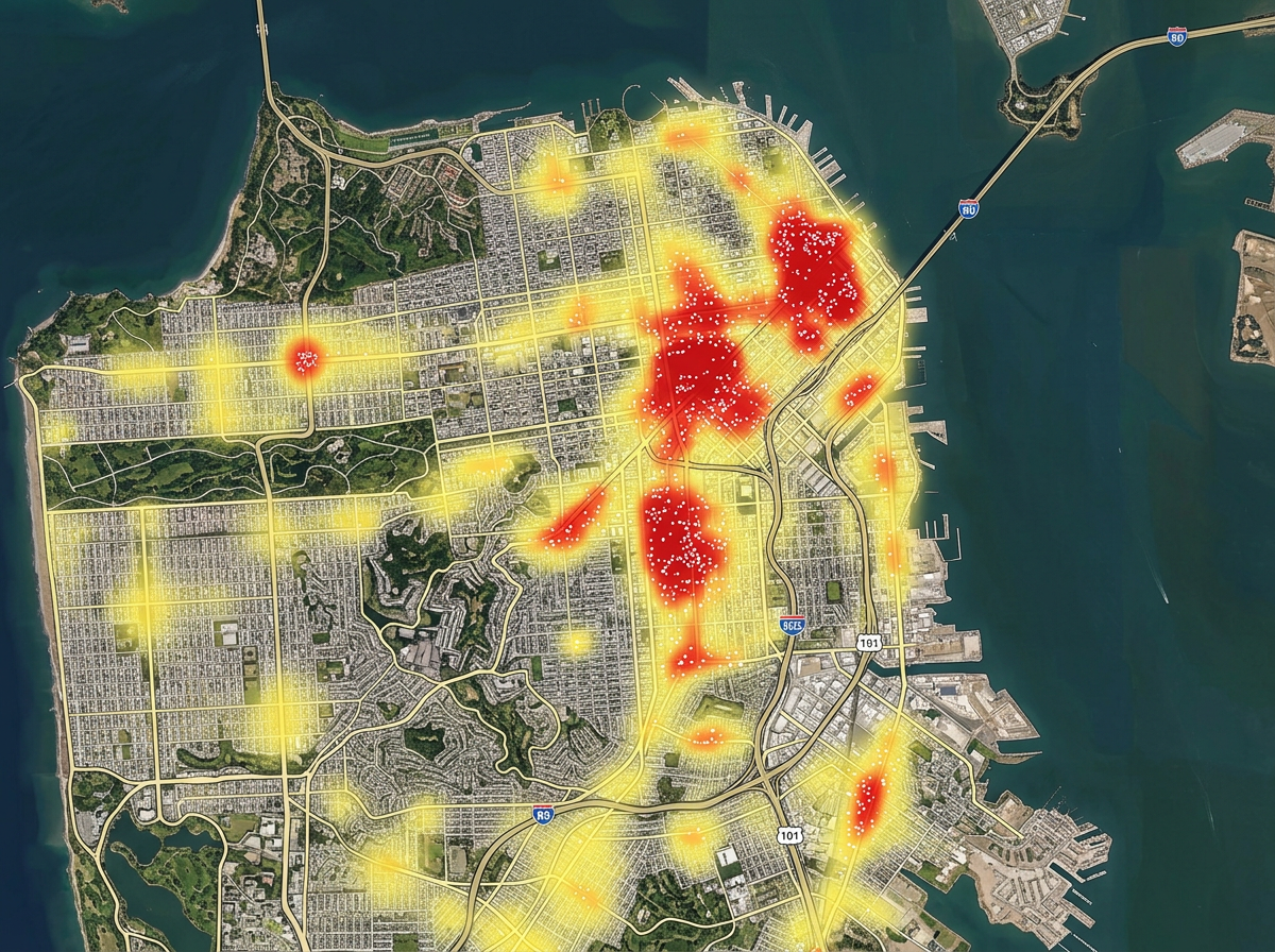 A market map with a customer heatmap layer over a metro area showing dense red zones and thin yellow zones.