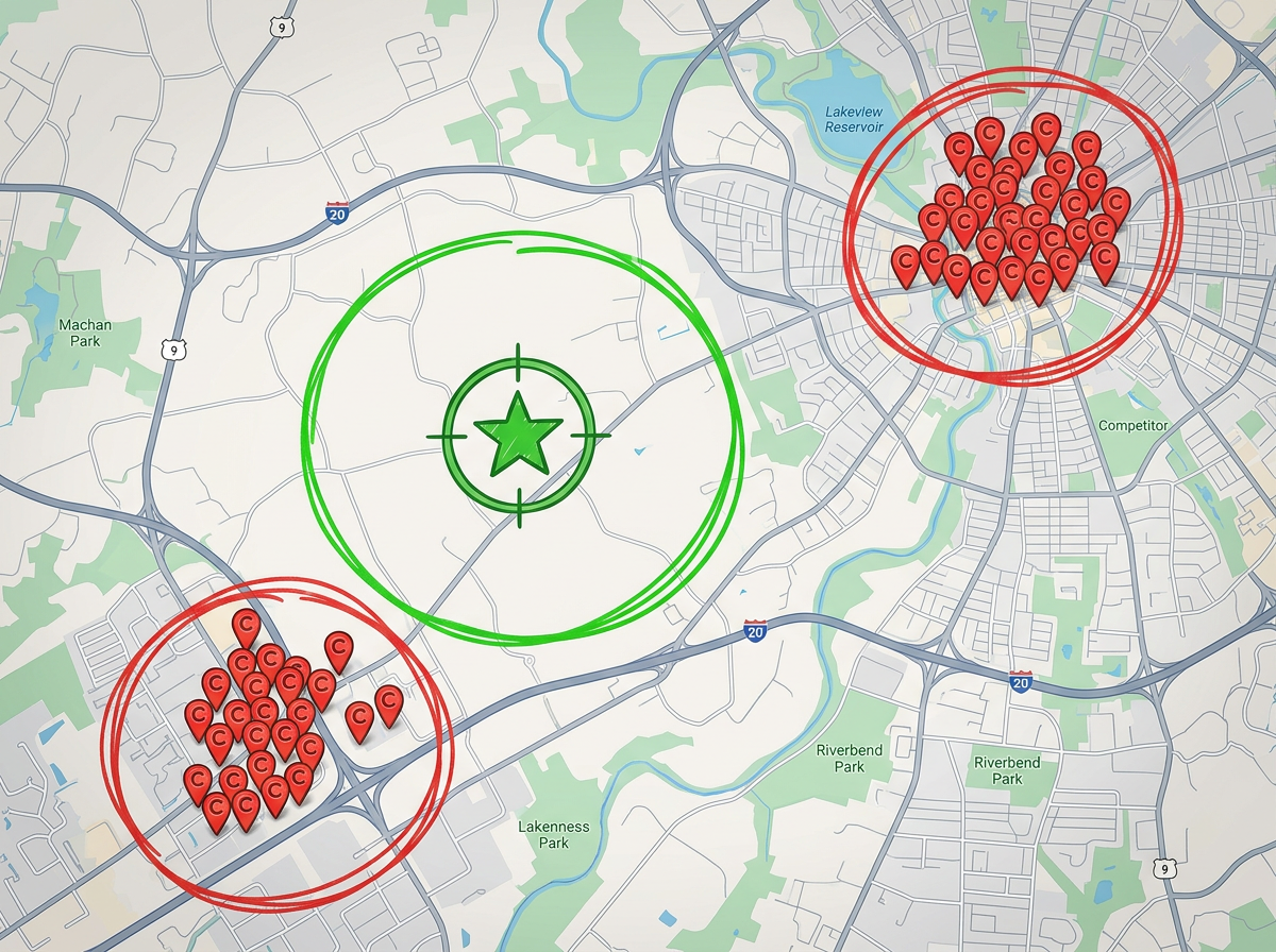 A regional map with competitor pins clustered in two areas and a third area marked as an open opportunity zone.