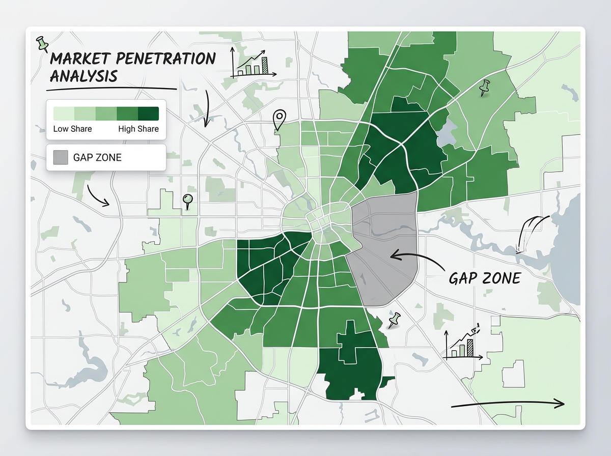 A penetration map with zip code regions filled in shades of green by market share and a gap zone called out in gray.