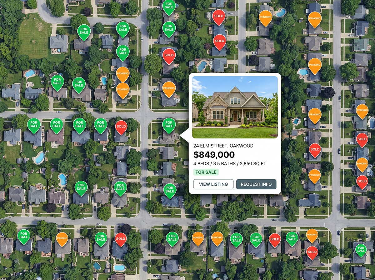 A property listing map of a neighborhood with pins colored by status and a popup showing a property photo and price.