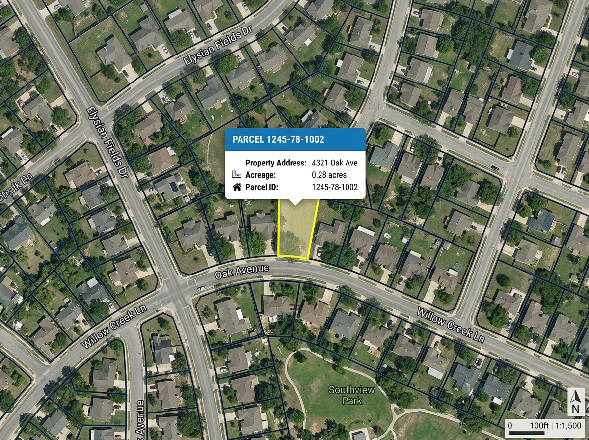 A parcel map with lot lines drawn over satellite imagery and a popup labeling the parcel ID and acreage.
