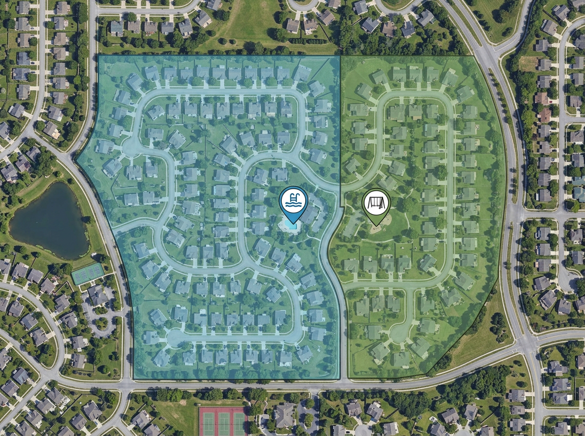 A community map with HOA boundaries shaded in two colors and amenity pins for a pool and playground.