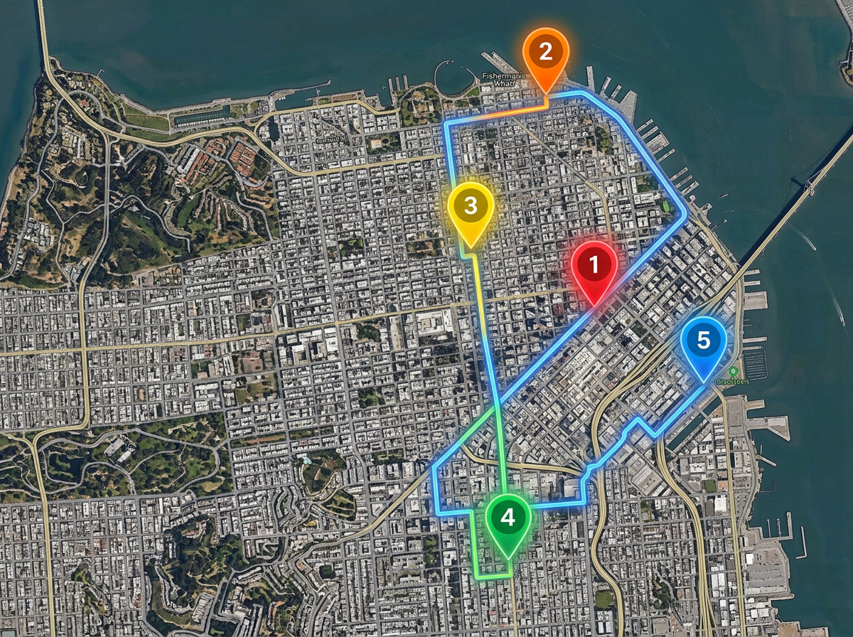 A sales route map across a city with five customer pins connected by a route, color coded by visit priority.