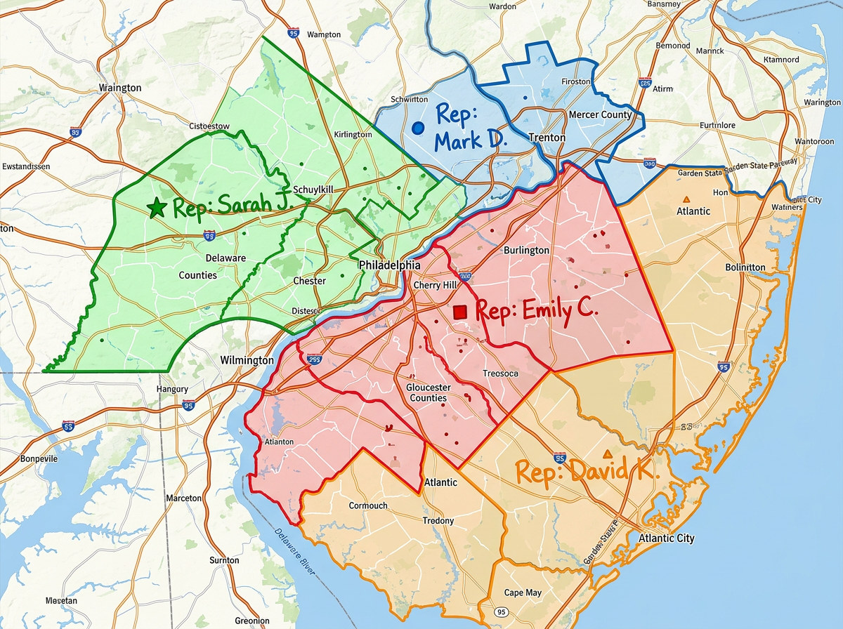 A regional sales map with zip code areas grouped into four colored territories with rep labels.