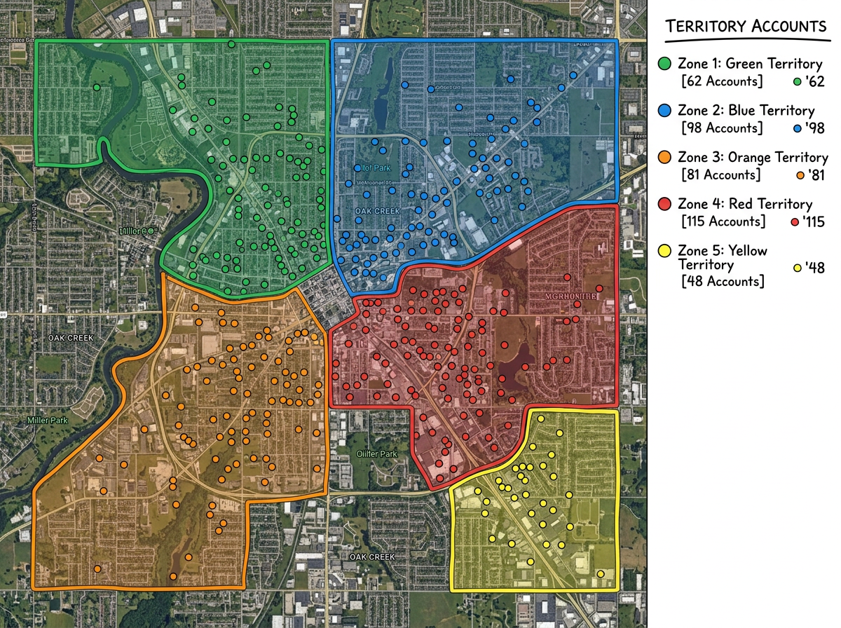 A territory map with account dots inside each colored zone and a count of accounts per zone shown on the side.