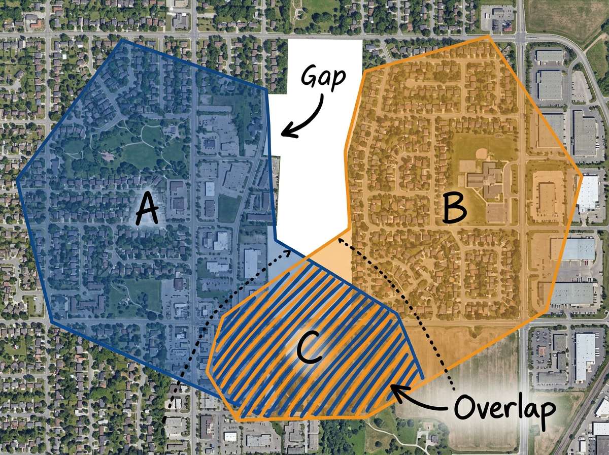 A territory map showing a coverage gap as a white area between two colored zones and an overlap area shaded with stripes.