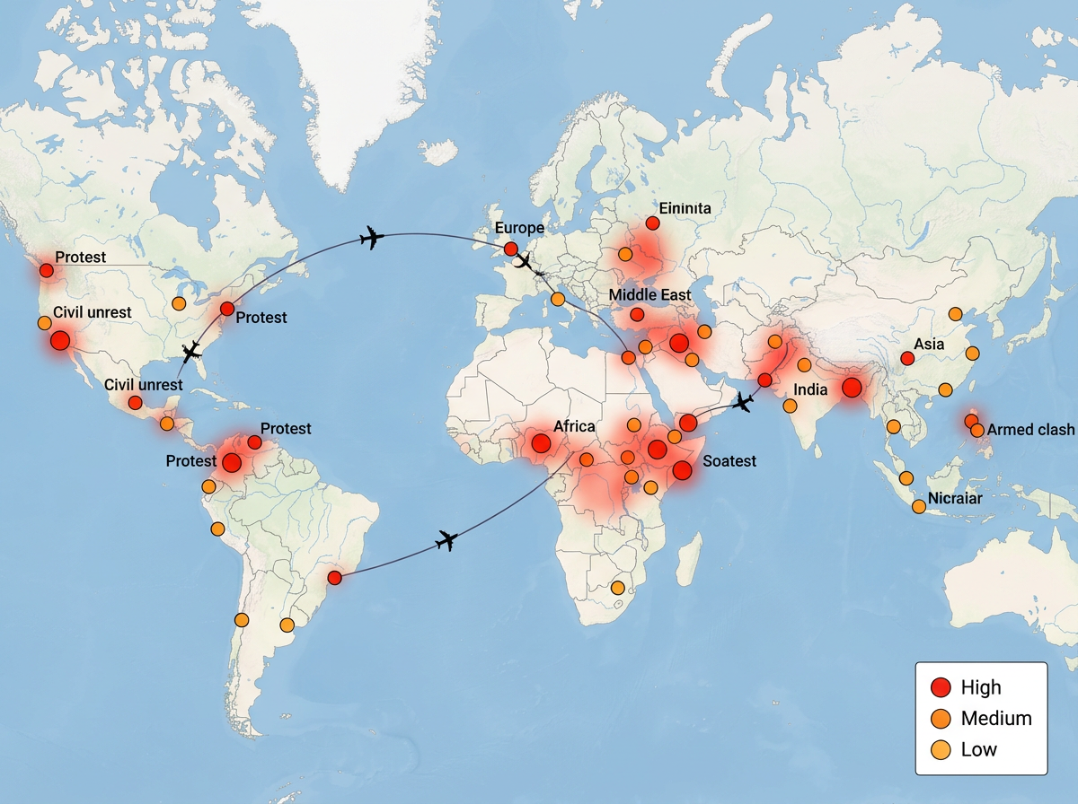 A world risk map on a clean light basemap showing global events. Clusters of red and orange circular markers sit over several regions with short black labels such as 'Protest', 'Civil unrest', and 'Armed clash'. Thin dark lines show two staff travel routes crossing between cities, with small black airplane icons along them. Translucent red heat zones sit under the densest event clusters. A legend box lists High, Medium, and Low risk. Flat 2D top-down vector style, clear labels, no 3D shading, no decorative shapes.