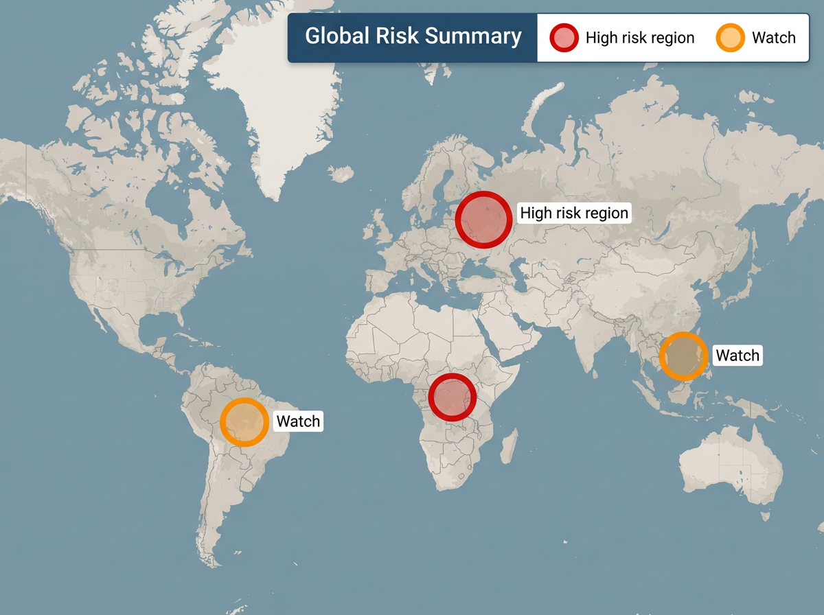 A polished executive briefing map on a muted basemap. A clear regional view shows a handful of large red and orange risk markers with short labels such as 'High risk region' and 'Watch'. A clean legend box and a short title bar reading 'Global Risk Summary' sit at the top. The look is simple and uncluttered, suited for a boardroom slide. Flat 2D top-down vector style, clear labels, no 3D shading, no decorative shapes.