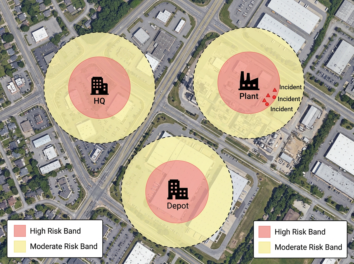 A site exposure map on a satellite basemap. Several black building icons mark facilities labeled 'HQ', 'Plant', and 'Depot'. Translucent colored zones show risk bands around them, red close in and yellow farther out. A few red event markers labeled 'Incident' sit near one facility. Thin dashed black lines show a buffer ring around each site. A legend box lists risk bands. Flat 2D top-down vector style, clear labels, no 3D shading, no decorative shapes.