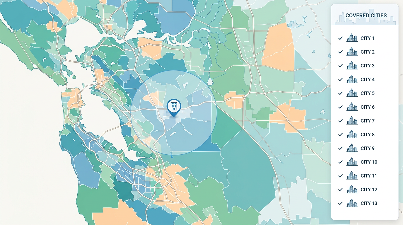 A service area map shaded by zip code with a drive-time ring around the office and a side panel showing covered cities.