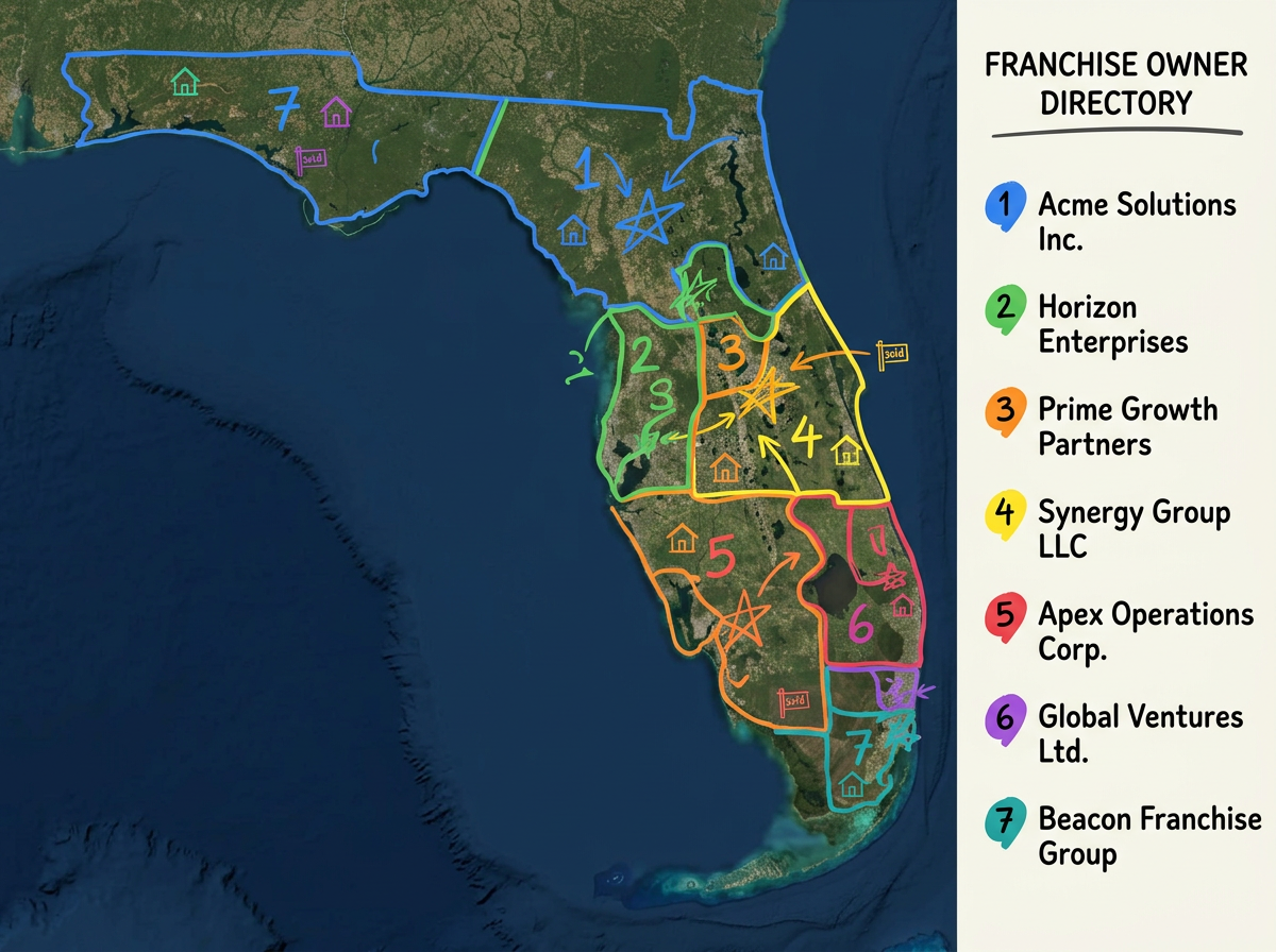 A franchise territory map of a state with each franchisee colored differently and a list of owners on the side.